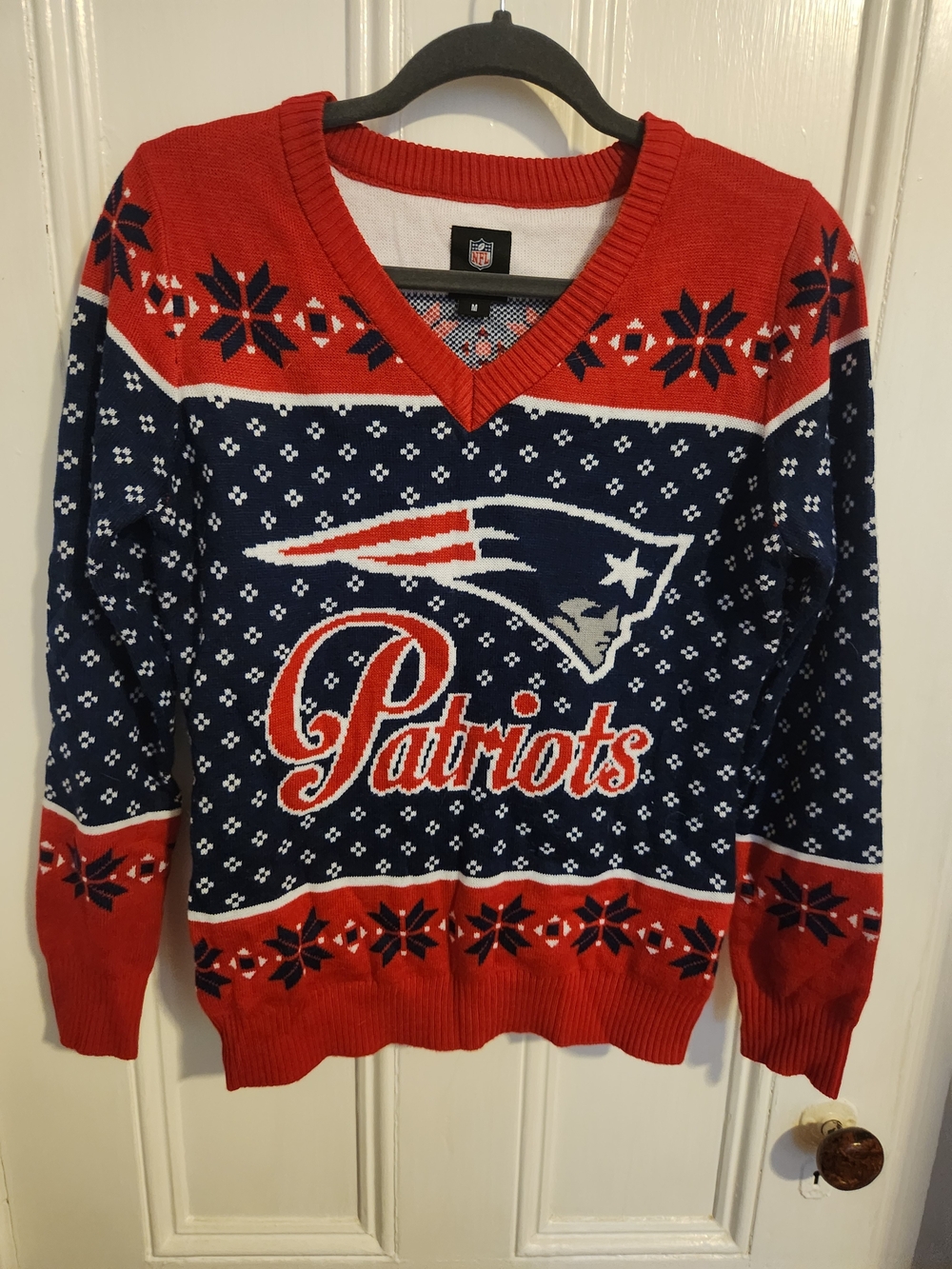 NFL Patriots Red and Navy V-Neck Sweater